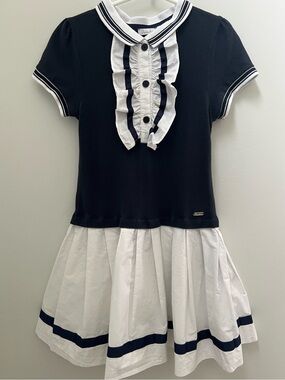 French High End Nautical Style Black & White Kids Casual Dress